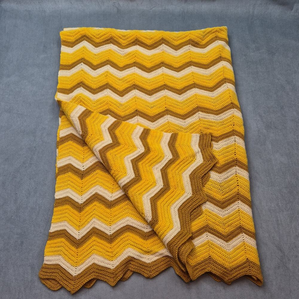 Vintage Handmade Crochet Chevron Afghan Mustard Yellow Throw Blanket 53 X 68
